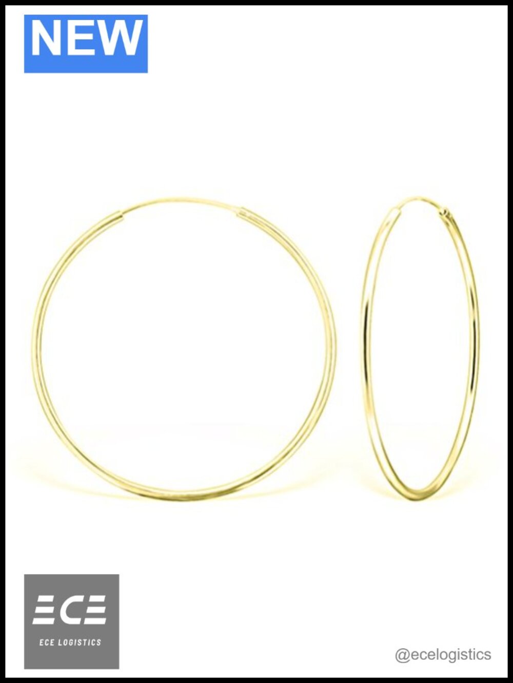 925 Sterling Silver 24K Yellow Gold Plated Endless Hoop Earrings 2mm Thick